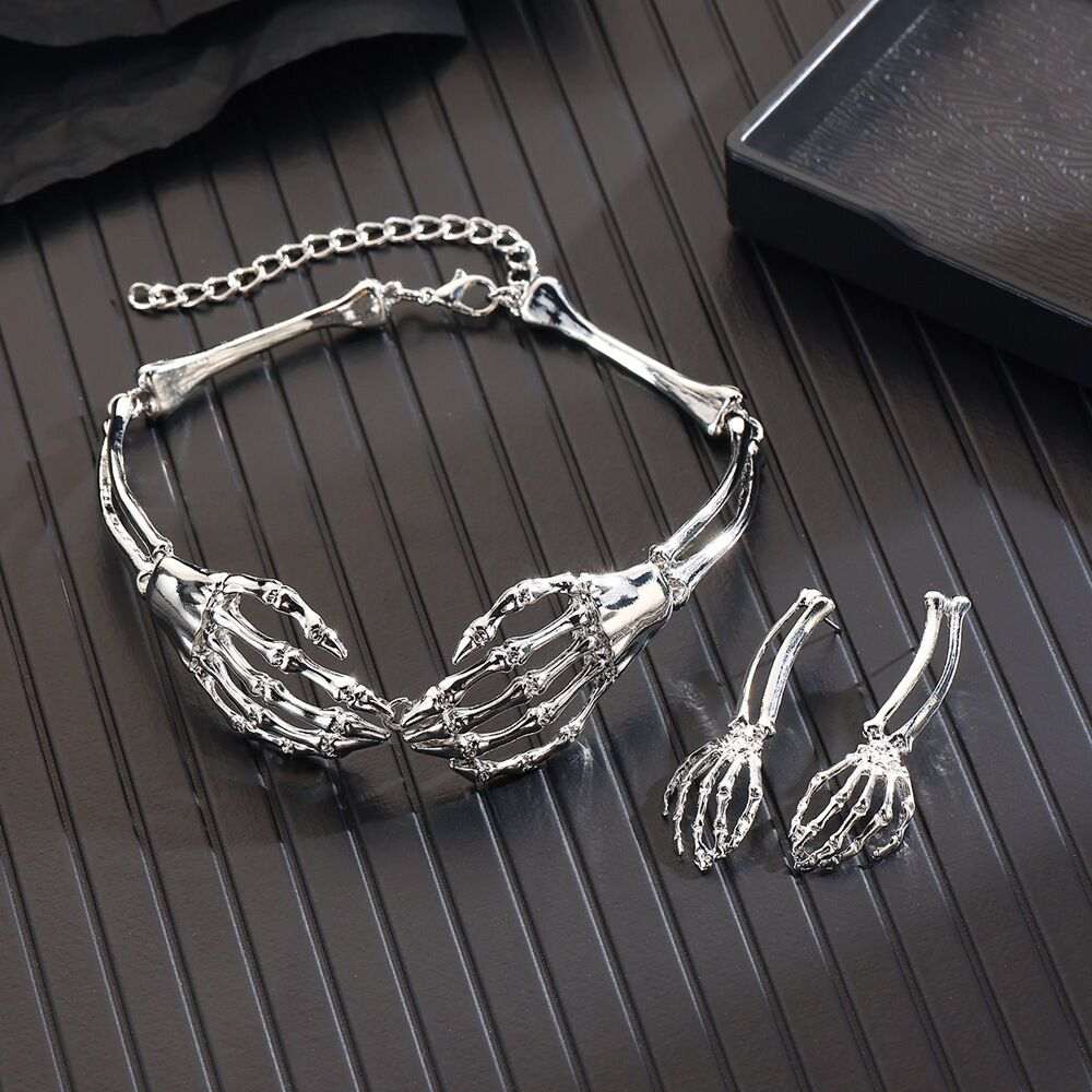 Zac's Alter Ego - Adjustable Skeleton Hand Choker & Earrings Set Ensemble de bijoux - Couleur argent
